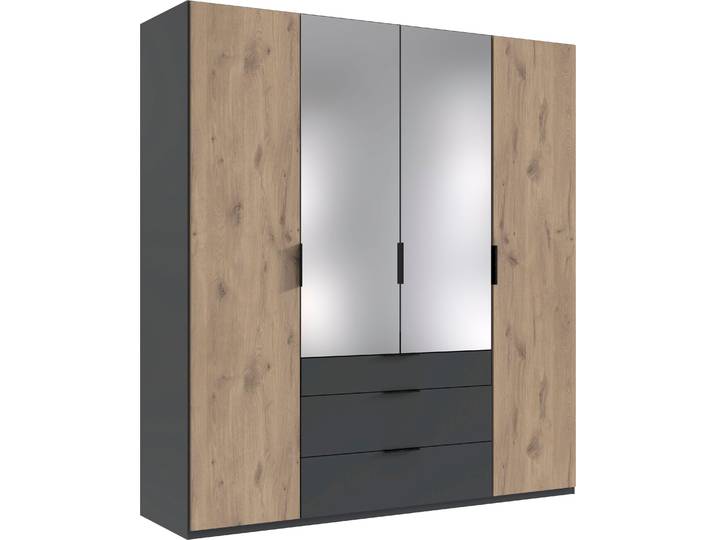 Drehtürenschrank WIMEX Burgos by fresh to go , grau (front und korpus graphit, absetzung viking oak nachbildung), B:200cm H:216cm T:58cm, Holzwerkstoff, Schränke, Drehtürenschrank, mit extra großen Schubladen, mit Spiegeltüren
