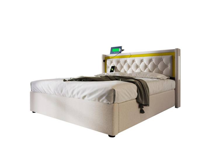 Redom Polsterbett 140/200 cm mit Led, Bettkasten (Gasdruck), USB & Typ-C, Lattenrost inklusive,Beige, 140x200 cm, Schlafzimmer, Betten, Polsterbetten