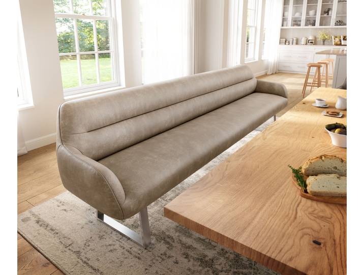 Esszimmerbank Taya-Flex 300 cm Mikrofaser Beige Vintage Kufengestell kantig Edelstahl Taschenfederkern, Bänke