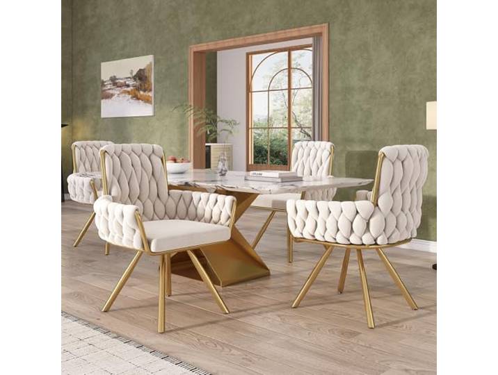 ModernLuxe Samt-Esszimmerstuhl 4er Set, Drehstuhl mit 360° Funktion, luxuriöser Sessel für Wohnzimmer und Schlafzimmer, Beiger Samtbezug, Metallbeine, Moderne Armlehnen