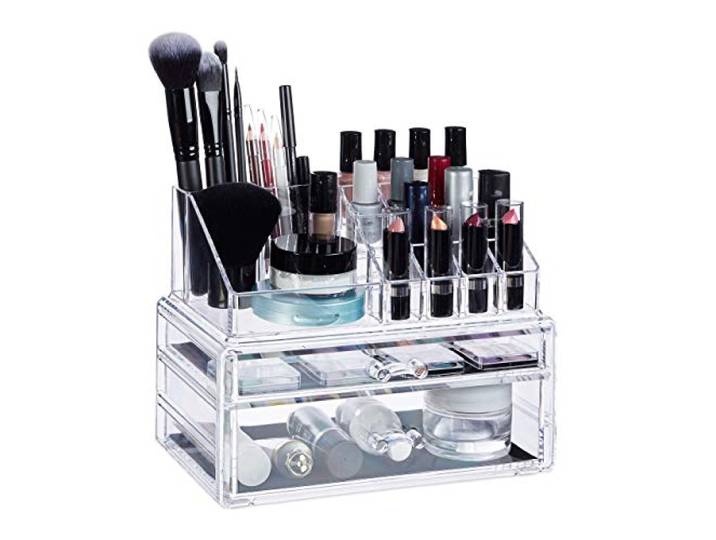 Relaxdays Organiseur à Maquillage 2 Tiroirs Rangement Cosmétiques pour Make-Up Rouge à Lèvres Acrylique Transparent