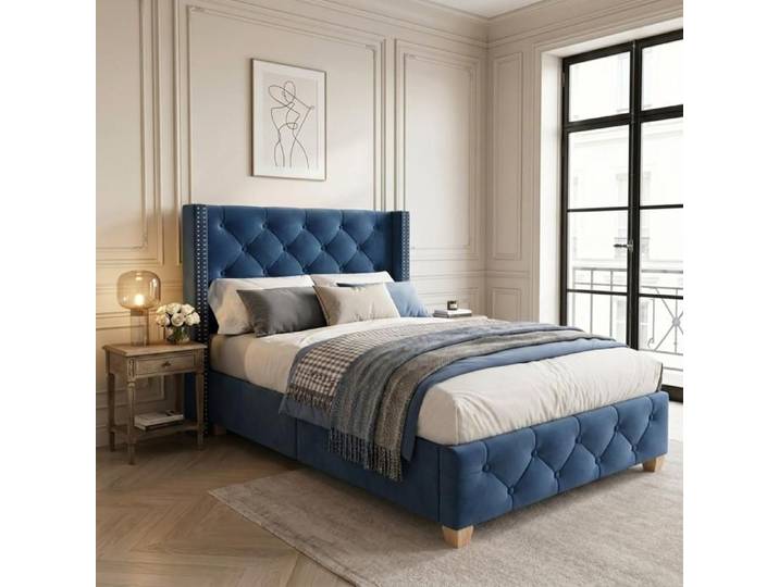 Lit enfant 90 x 200 cm - Cadre de lit - tete de lit capitonnee - cadre a lattes - velours