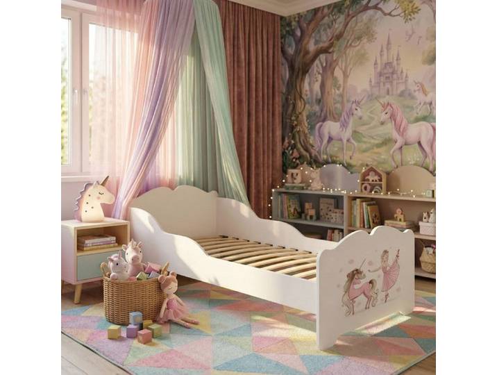 Lit enfant ANNA 160x80 avec motif licorne – blanc sans matelas