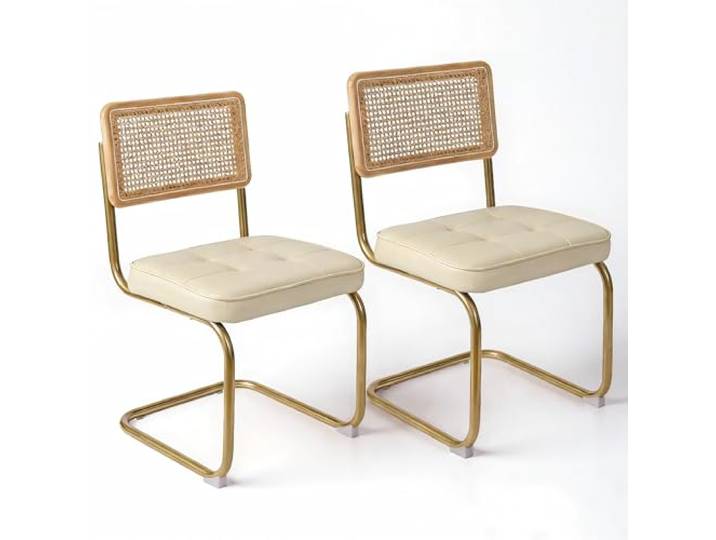 CangLong Natural Rattan Dining Chairs Set of 2, Upholstered Faux Leather Kitchen Chairs, Modern Dining Room Chairs with Solid Wood Back & Sturdy Metal Legs for Living Room, Restaurant, Beige