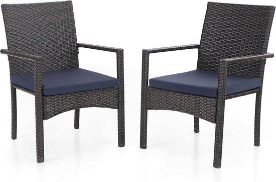 Famanu Gartenstuhl Wicker - Set von 2 mit Kissen - Schwarz und Marineblau