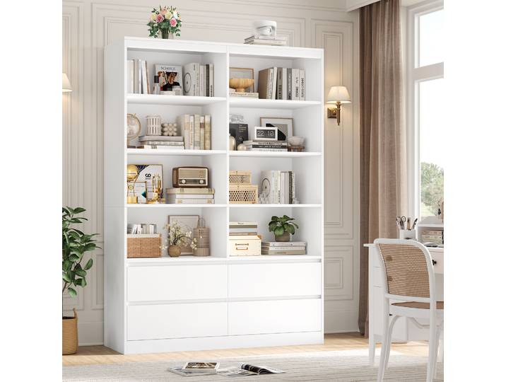Getone Bibliotheque avec 4 Tiroirs Bibliothèque avec 9 Étagères de Rangement Bibliothèque Meuble de Rangement Bibliotheques pour Salon Meuble Salon Bureau Cuisne Chambre120x30x180 cm, Blanc/Noir
