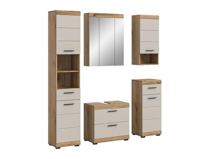 xonox.home – Badkombination Scout 164x191x34 cm in Evoak Oak und Kaschmir Nachbildung matt – Zeitgemäße Badmöbel mit strukturierter Optik – wohnlich & platzoptimiert