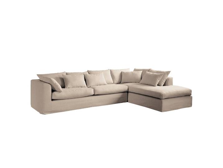 Ecksofa Breves Beige/Beige Flachgewebe 299 x 90 x 213cm Ottomane davorstehend rechts Glamour