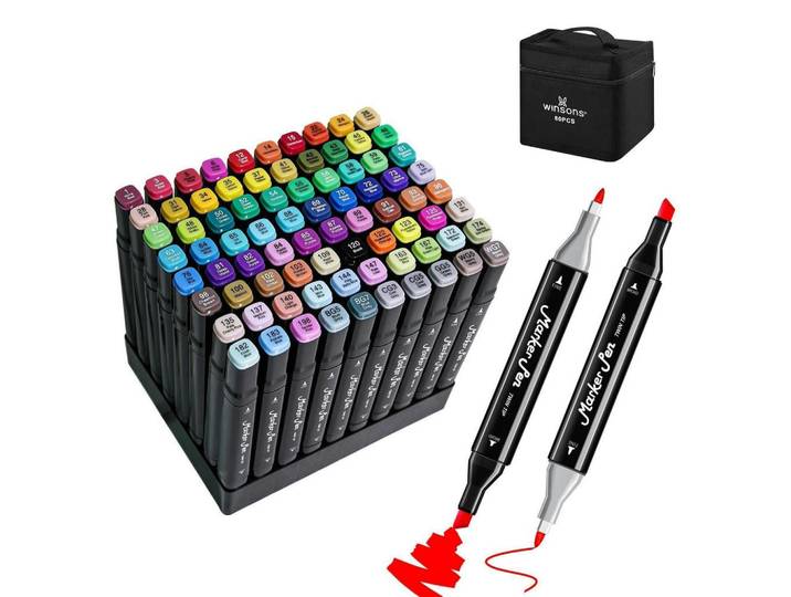 Malstifte Set 80 Farben, Alkohol Marker mit Doppelspitze, Mehrfarbig, Kunststoff, 10x8x15 cm, Dekoration, Malbedarf & Bastelbedarf