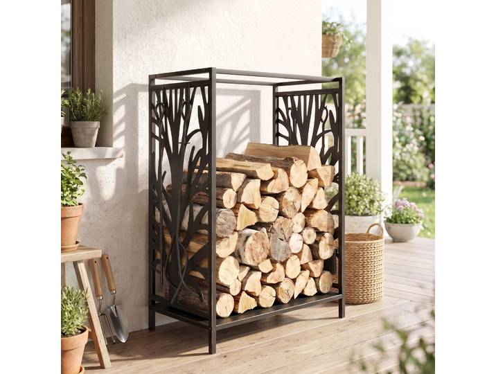 HOMCOM Porte bûches - Range bûches Serviteur de cheminée Arbre - Multi Accessoires étagère 46L x 29l x 70H cm Acier Noir