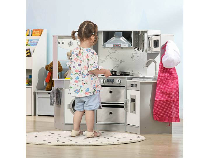 AIYAPLAY Cuisine Enfant Bois 17 Accessoires Gris Blanc 3-6 Ans