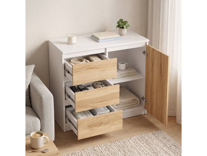 HOMCOM Buffet 3 Tiroirs 80x40x75cm Salon Blanc Naturel