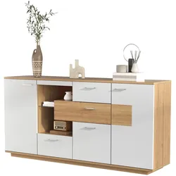 OKWISH Sideboard Schrank 160x40x77 cm, 2 Türen, 4 Schubladen, verstellbare Regale, LED-Beleuchtung, Holzfarbe+Weiß, moderner Stauraumschrank