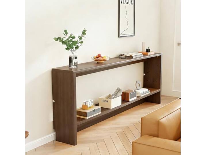 Moubhjd 2 stufiger Konsolentisch aus Massivholz, schmaler Eingangstisch mit Regalen,Beistelltisch der Couch, Langer, schmaler Sofatisch mit offenem Stauraum, Braun, 100x15x69cm
