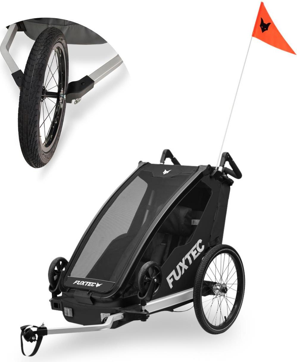 FUXTEC Fahrradanhänger FX-FA1S im Set mit Joggerrad | Einsitzer Kinderanhänger | faltbar | mit Anschnallgurt, Feststellbremse, Sonnen- und Regenschutz, Reflektoren | max. 35 kg