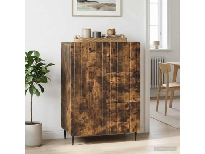 RJPLMFV Anrichte aus Holz, 66 cm, Raucheiche Verstellbare Regale, Schubladen, 90°-Türen, Eisenbeine, Esszimmer oder Wohnzimmer