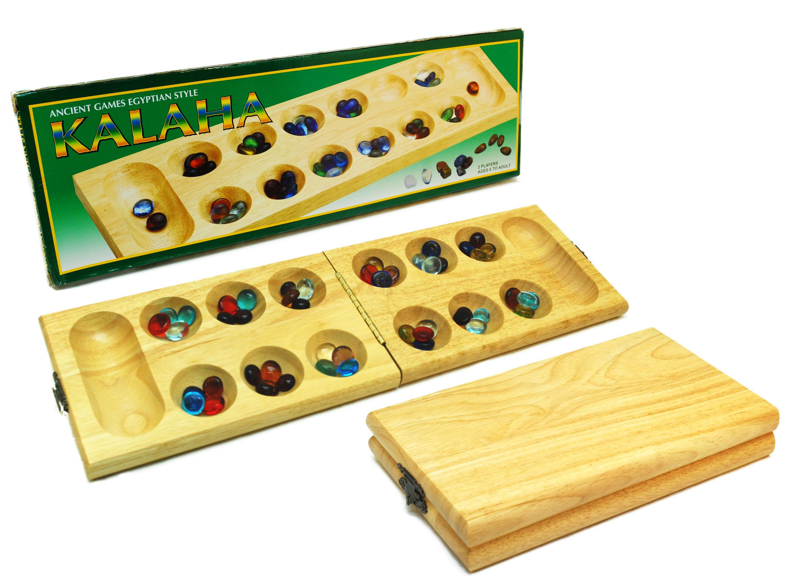Hot Games Kalaha inklapbaar houten spel met glazen speelstenen, 45 x 14 cm
