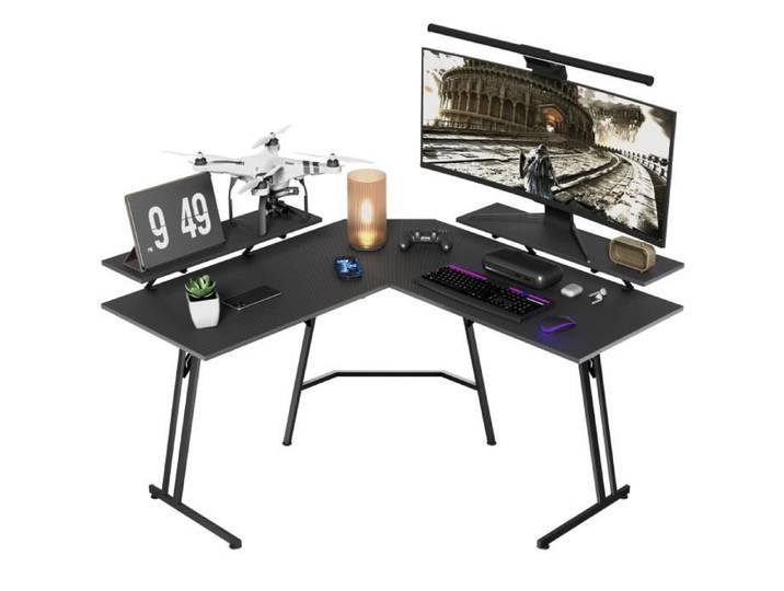Bureau d'angle - YRHOME - Modèle Gaming - Surface en fibre de carbone - Support d'écran intégré - Noir