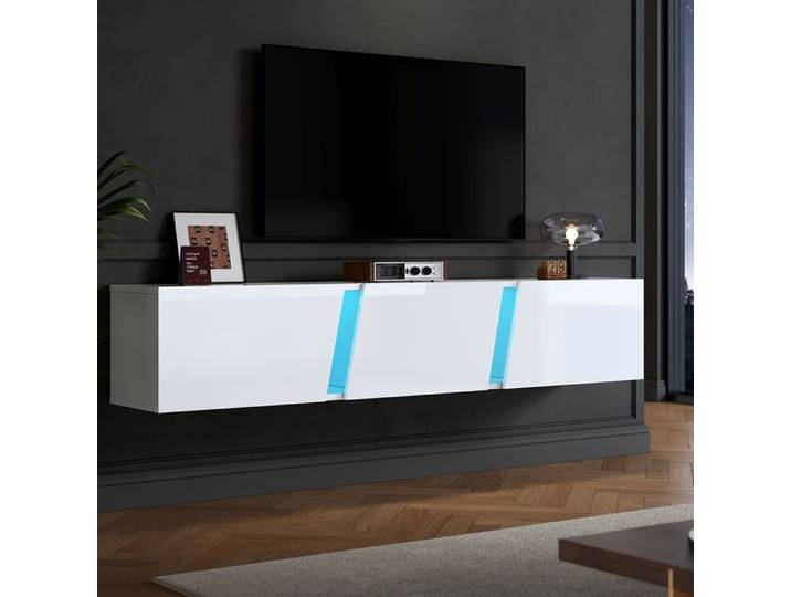 Meuble TV mural 3 portes LED adapté TV 75  brillant Blanc 180x35x30cm