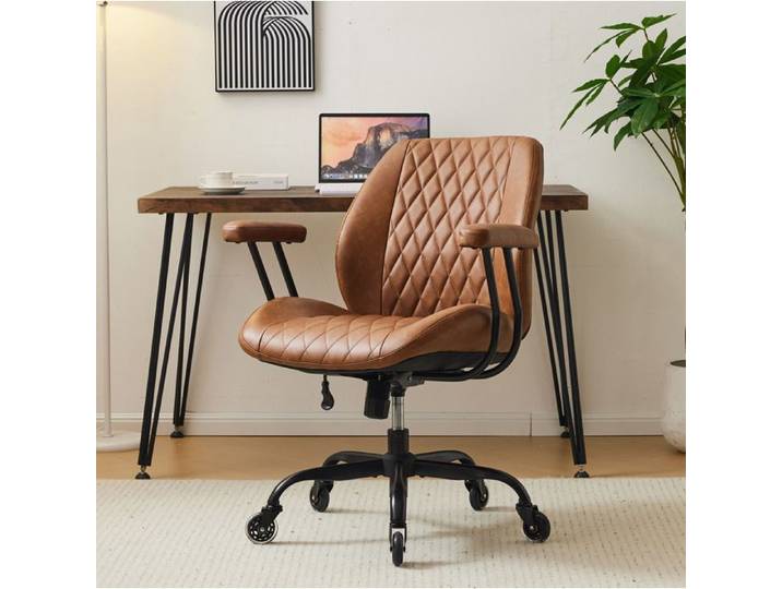 Modenuit Chaise de bureau pivotante en cuir marron réglable en hauteur avec roulettes et accoudoirs