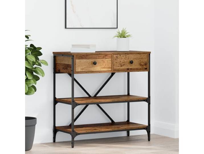 HEFZGDB Konsolentisch Altholz 75x34.5x75 cm mit 2 Schubladen und stabilen Regalen aus Holzwerkstoff und Metallrahmen für Stauraum Langlebigkeit Wohnzimmerdekoration