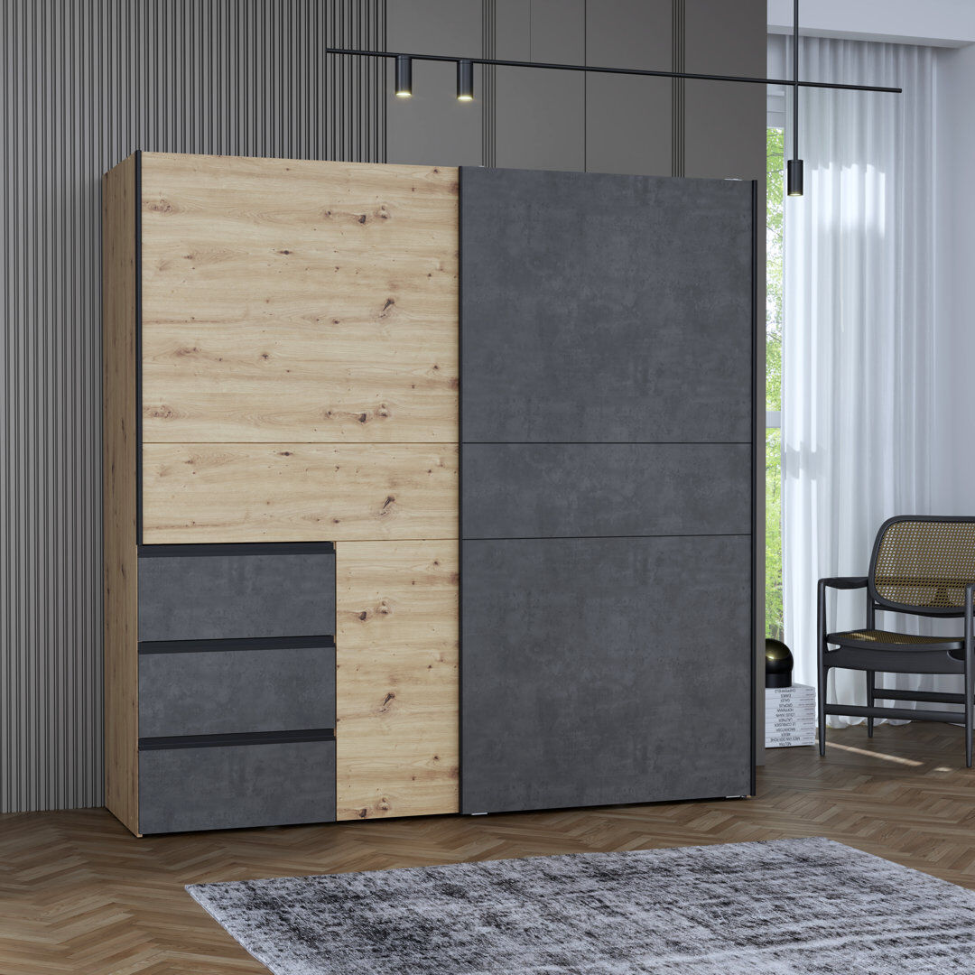 17 Stories Kavalli 2 Door Sliding Wardrobe Artisan Eiche/Grey 200,5 cm H x 200,1 cm W x 61,2 cm D