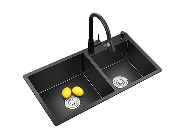 WhfPs Küchen-Barspüle, schwarzes Doppelwaschbecken aus Edelstahl, Küchenspüle mit Wasserhahn und Abfluss, Montage Oben oder unten (Farbe: Schwarz, Größe: 81 x 43 x 21 cm)