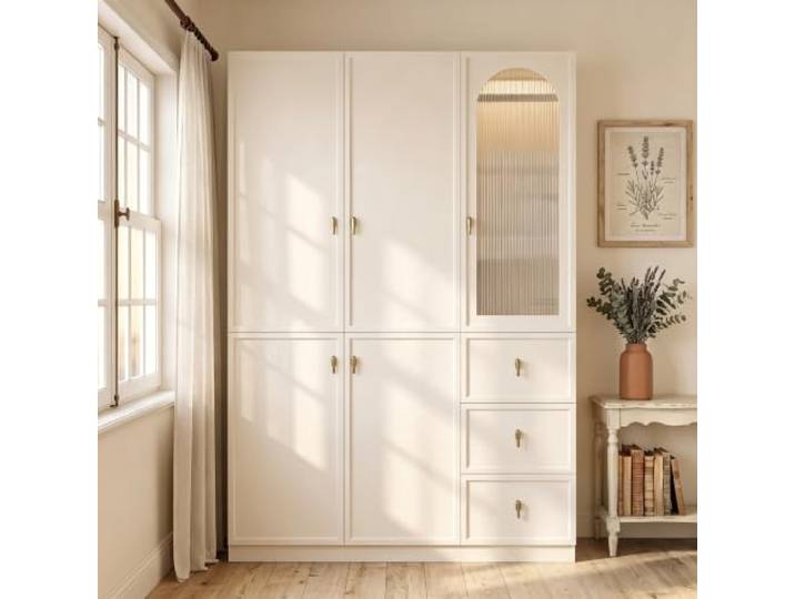 Merax Kleiderschrank, 5-türiger Drehtürenschrank im Bogen-Design mit Riffelglas-Tür und Smarter RGB LED, 2 Kleiderstangen, Hosenhalter, 3 Schubladen, Schlafzimmerschrank, 135x48x200 cm, Weiß
