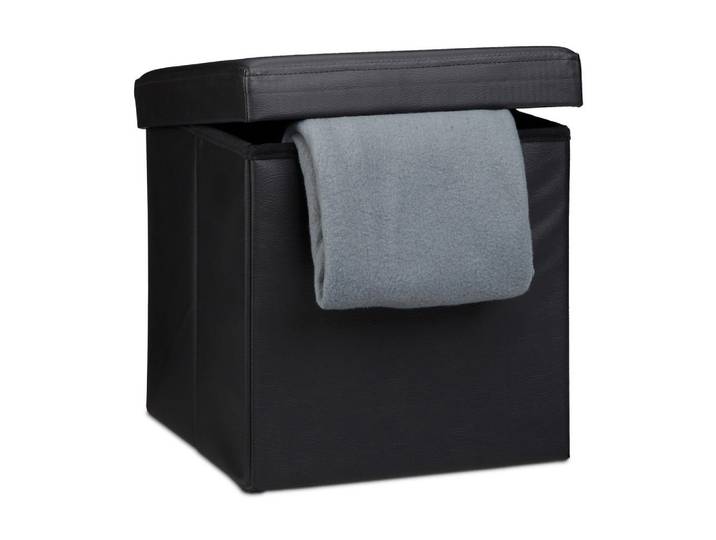 Relaxdays Sitzhocker Schwarz faltbar Kunstleder Stauraum 40 L, Holzwerkstoff, Kunststoff, Textil, 38x38x38 cm, Wohnzimmer, Sessel, Hocker, Sitzhocker