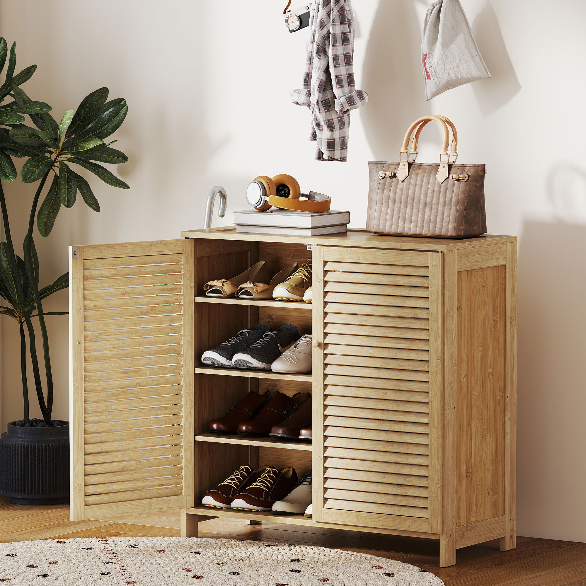 giordanoshop Scarpiera 80x35x80 cm con Ante a Persiana Capacità per 14 Paia in Bambù Finitura Naturale...
