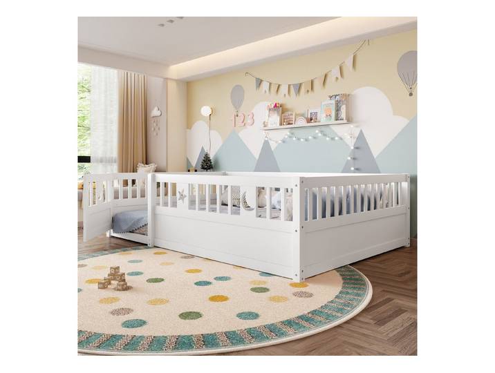 Flieks Kinderbett, Bodenbett Massivholzbett 140x190cm mit Gitter ohne Lattenrost