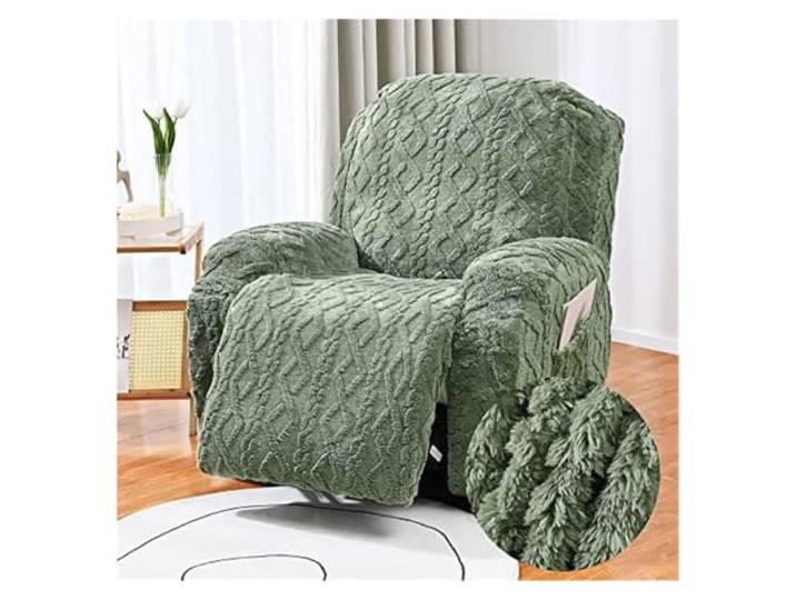BEIWOSHA Universeller Bezug for elektrisch verstellbare Relaxsessel, Jacquard-Plüschbezug for 1-Sitzer, 4-teilig, Stretch-Liegestuhlbezüge, Sitzbezug mit Taschen(Verde,3 Posto)