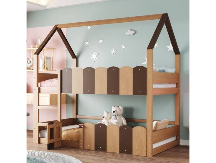 Lit superposé pour enfants présentant une superbe couleur bois naturel brun 90 x 200 cm avec barrières de sécurité surélevées.