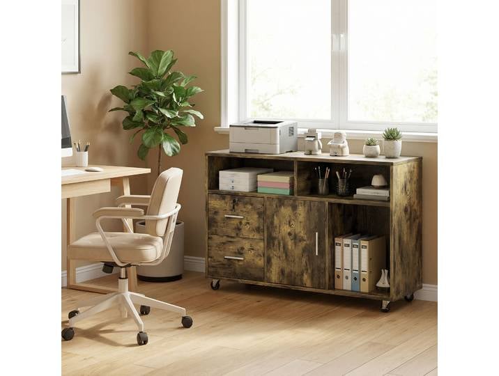 HOMCOM Meuble Imprimante Bois 2 Tiroirs 3 Étagères Marron