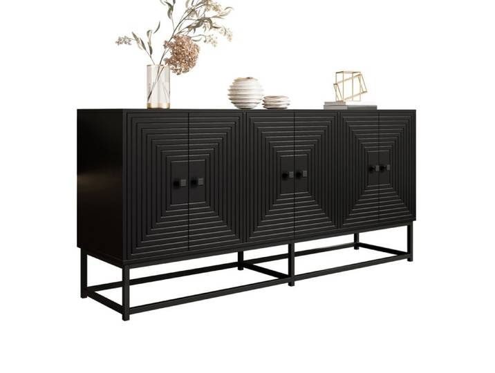 WOVREO Buffet bas 160 cm noir mat 6 portes relief geometrique panneaux de particules