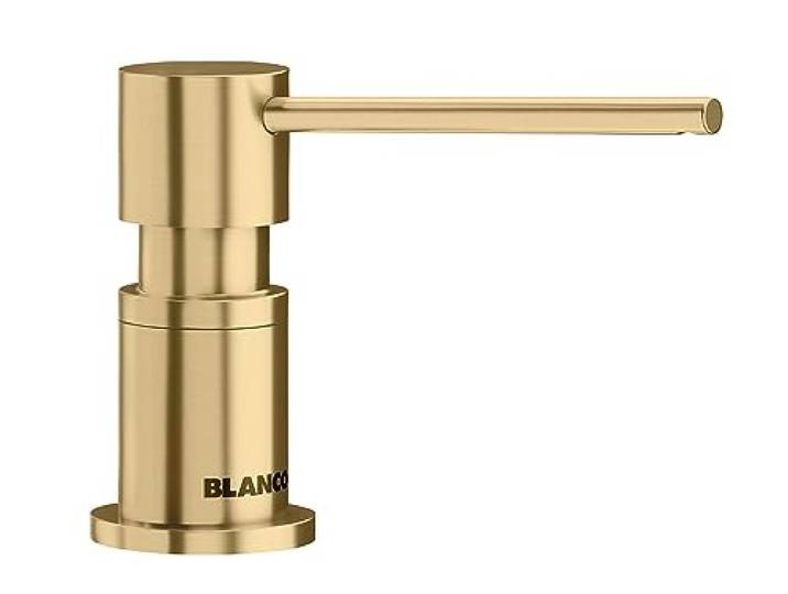BLANCO LATO Spülmittelspender in satin gold Passend zu allen BLANCO-Küchenarmaturen Bequem von oben zu befüllen Spüli Seifenspender 35 mm Lochbohrung Flascheninhalt 300 ml Ø 4,5 cm