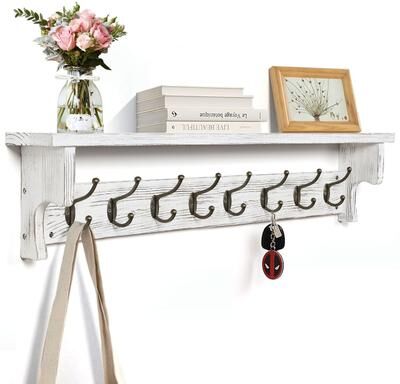 Lucky Monet Rustic Wall Mounted Coat Rack with Storage Shelf & Metal Hooks