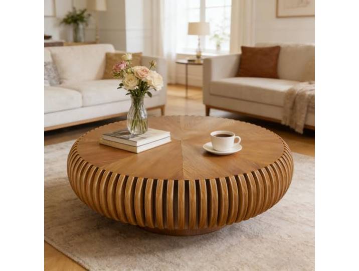 SOUWOFS Couchtisch Rund Holz, 80x80x35CM, Braun Sofatisch, Runder Wohnzimmertisch Klein, Moderner Bauernhaus Beistelltische, Rustikaler Wohnzimmertisch aus Holz