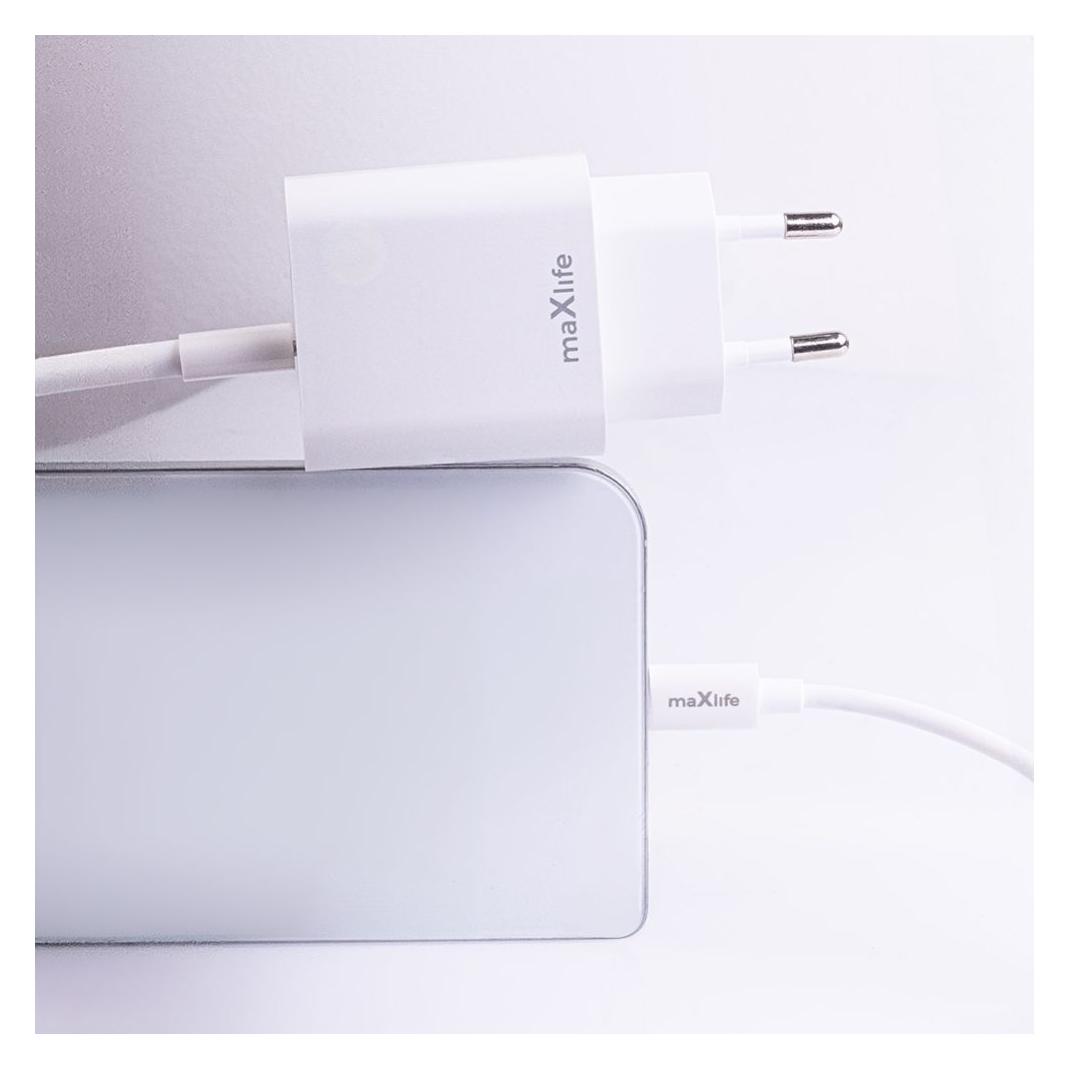 Maxlife MXTC-06 PD QC Ladegerät 1x USB-C 1x USB 20W weiss + USB-C - USB-C Kabel 20W (20 W, 2 Ports) (47044843)