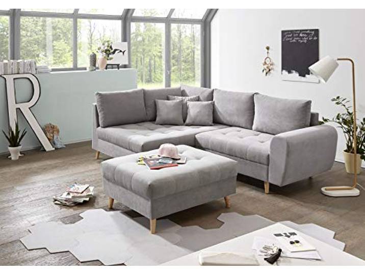 Stella Trading ALICE Ecksofa mit Hocker, Stoffbezug Hellgrau - Moderne Eckcouch mit Kissen & Massivholz Füßen - 249 x 94 x 175 cm (B/H/T)