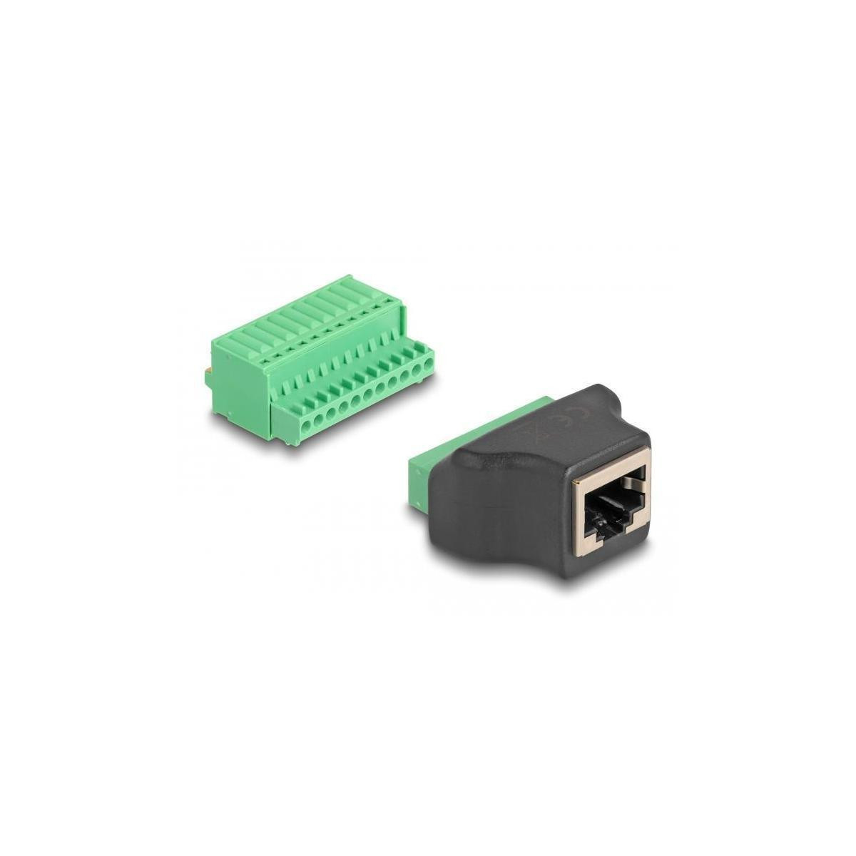 Delock RJ50-connector naar klemmenblok adapter met drukknoop, 11-polig, zwart en groen