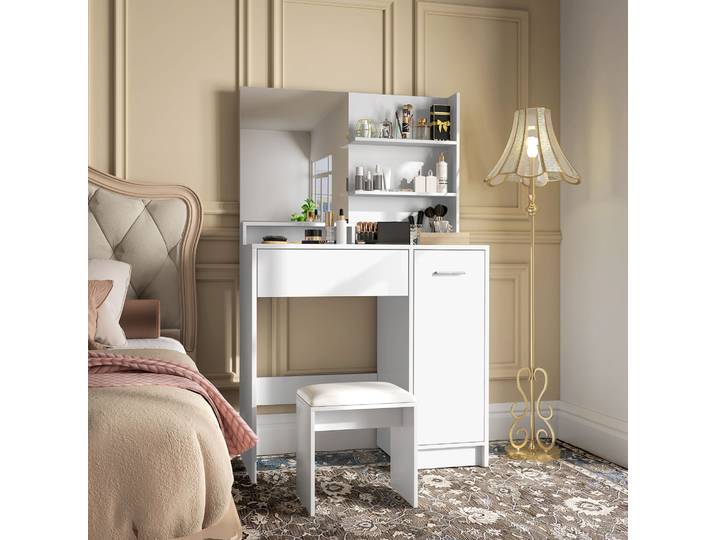 HOMCOM Coiffeuse Blanche avec Miroir, Tabouret et Rangement
