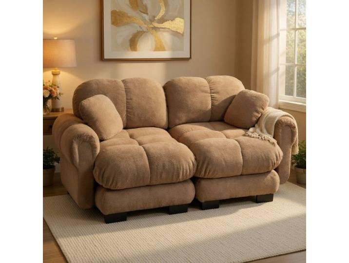 CollaHausse Canapé 2 Places U Marron Chenille Matelassé avec Pouf Mobile