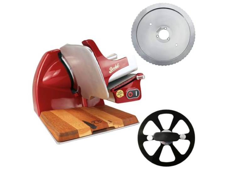 Berkel Home Line 200 Plus rot– Profi Aufschnittmaschine/Allesschneider 200 mm mit BAUSATZ gezahntes Messer für Brot & handgefertigtem Einlegebrett – präzise, leise, sicher, platzsparend