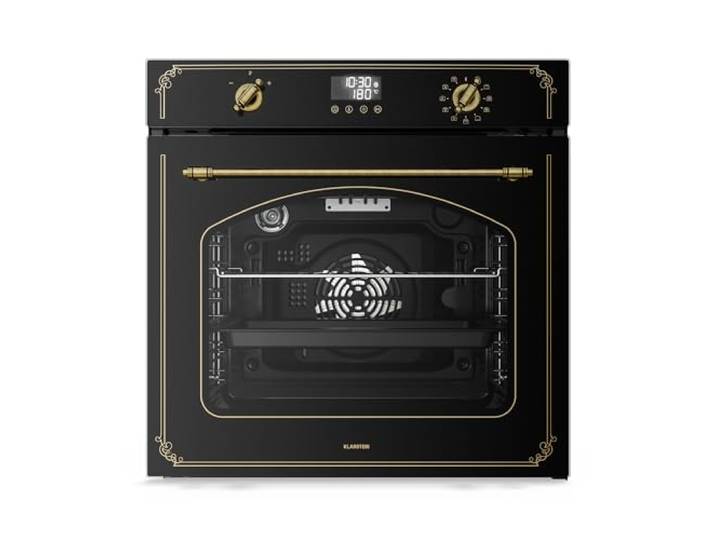 Klarstein Victoria Pyro Einbaubackofen 60 cm – 76L, Pyrolyse, 11 Funktionen, Retro Design, Energieklasse A, Timer, Einbau Backofen ohne Kochfeld, Vierfachverglasung, Emaille-Innenraum, Schwarz