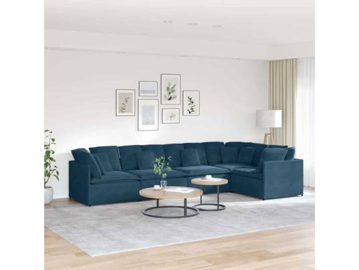 YUTAASU Modulares Sofa mit Kissen Samt Blau 5-teilig, Metallrahmen, Holzarmlehnen, Textilene-Sitzflächen, Schaumstofffüllung