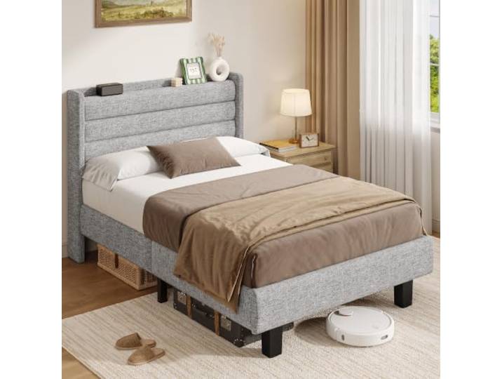 iPormis Polsterbett 90 x 200 cm, Hellgrau, Mit Leinenartigem Kopfteil Und MetalLbettgestell. Geeignet Für Schlafzimmer, Gästezimmer Und Jugendzimmer