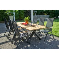 HARTMAN Xanadu / Aruba Garten-Essgruppe, xerix/anthrazit, Alu/Teakholz, 6 Klappstühle, Teakarmlehnen, 220x100cm