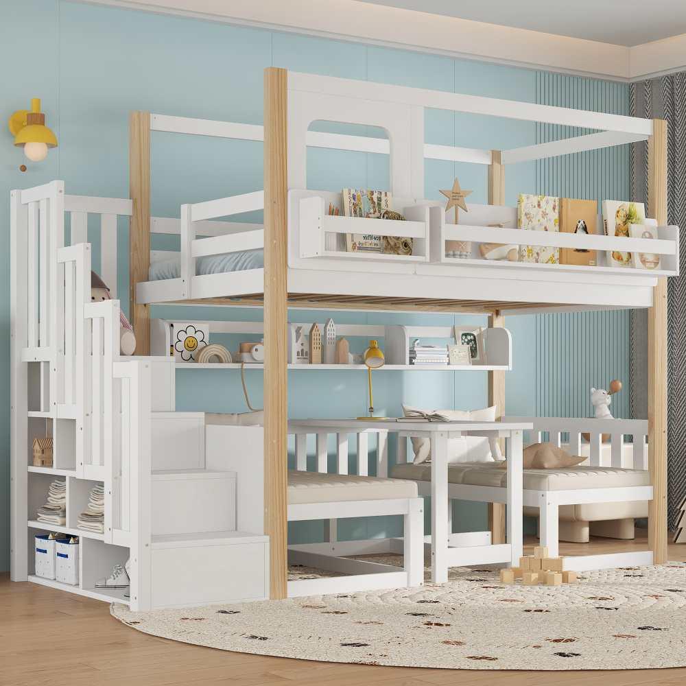 Kinder-Etagenbett, 90 x 200 cm, Weiß und Naturfarben, aus Holz und MDF, mit höhenverstellbarem Klapptisch, Bücherregal und Stauraum-Treppe