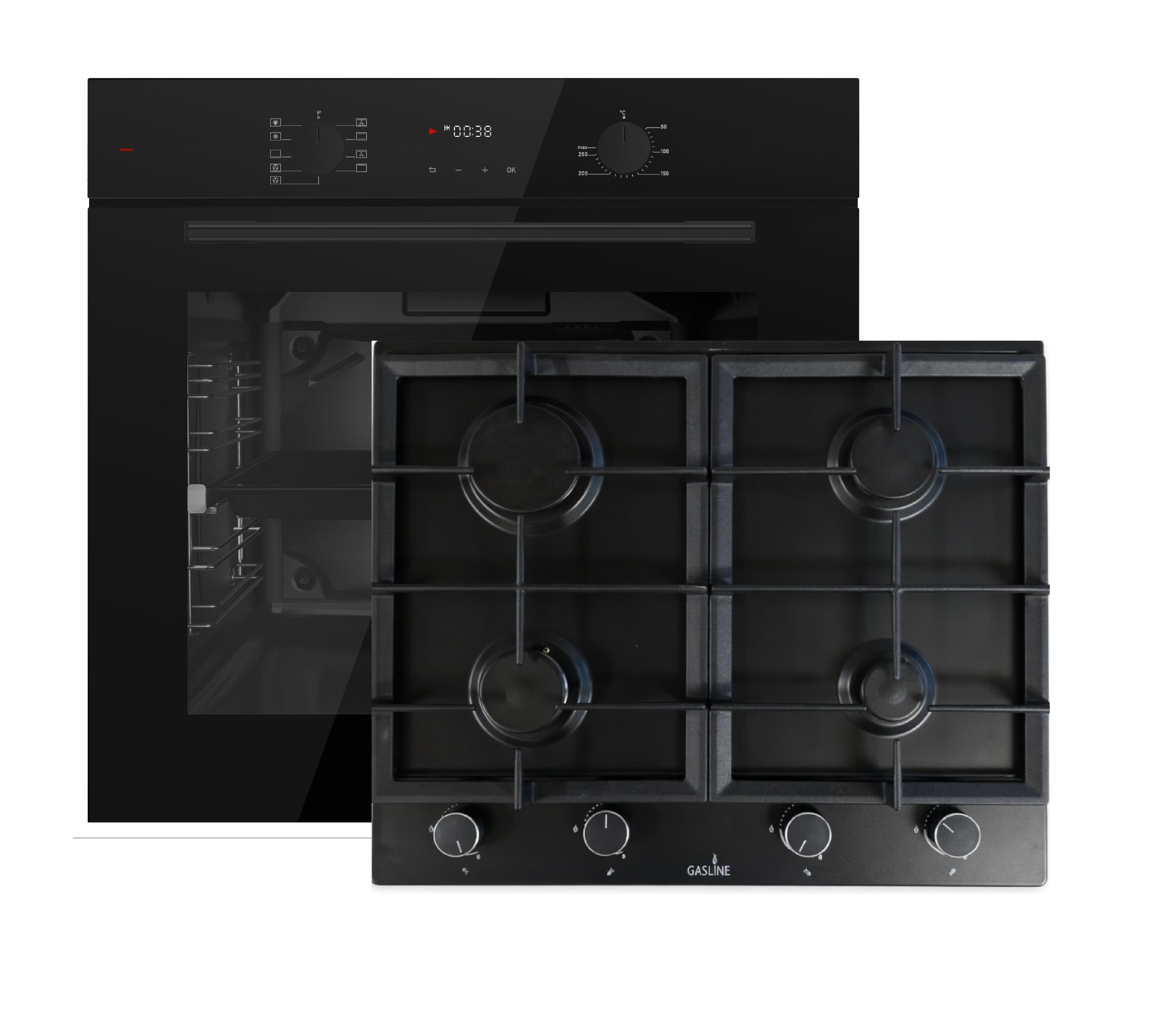 Böhme Einbaubackofen Schwarz Glas mit Heißluft, Timer, 1-fach Teleskopauszug HB60F78PPB+ Gasline Einbau Gaskochfeld,4 flammig, GAG60INB